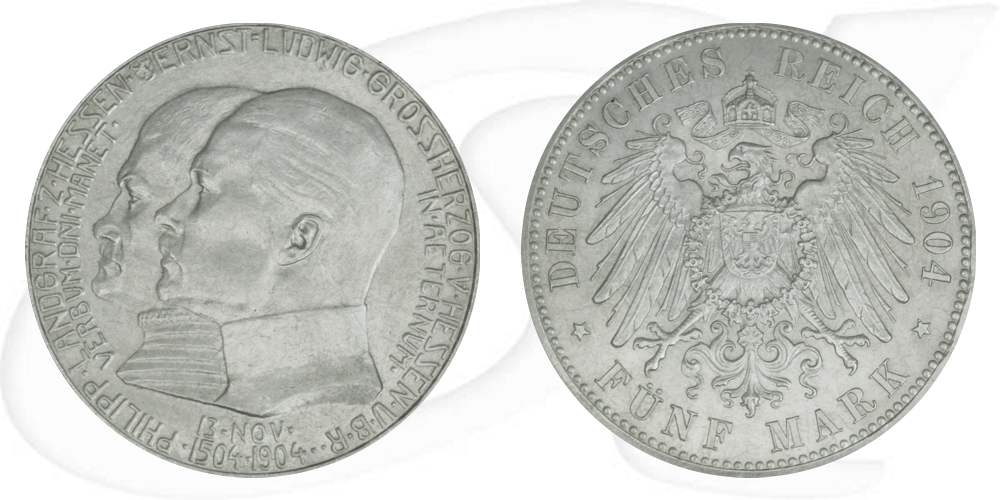 Kaiserreich - Hessen 5 Mark 1904 A vz-st 400. Geb. Philipps