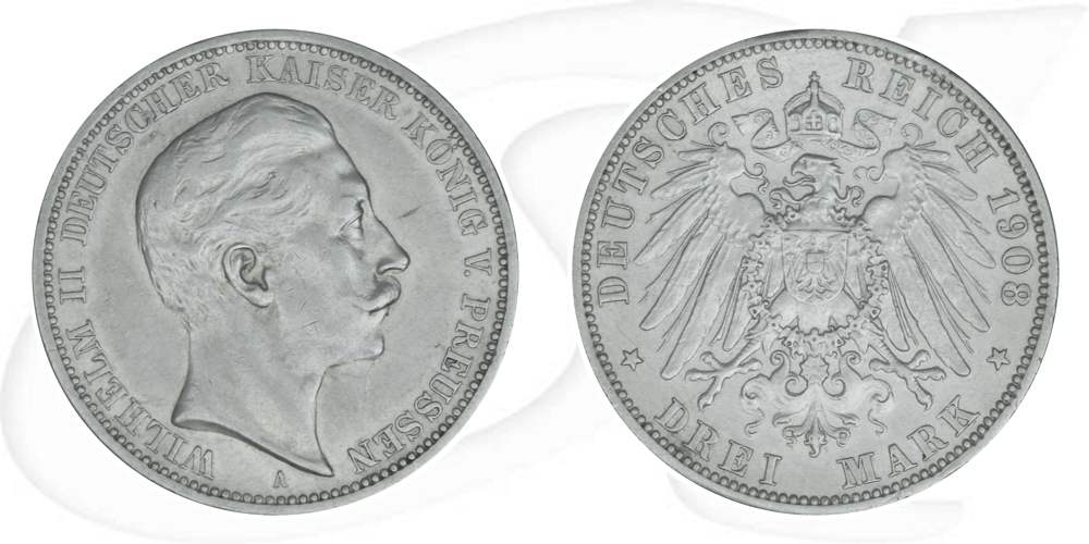 Deutschland Preussen 3 Mark 1908 ss-vz Wilhelm II.