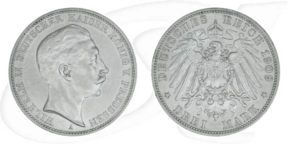 Deutschland Preussen 3 Mark 1909 vz Wilhelm II.