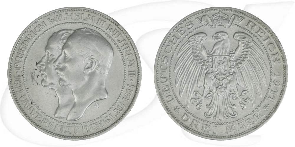 Deutschland Preussen 3 Mark 1911 ss-vz Uni Breslau
