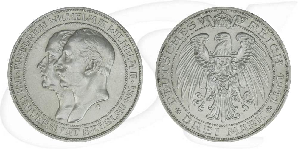 Deutschland Preussen 3 Mark 1911 vz Uni Breslau