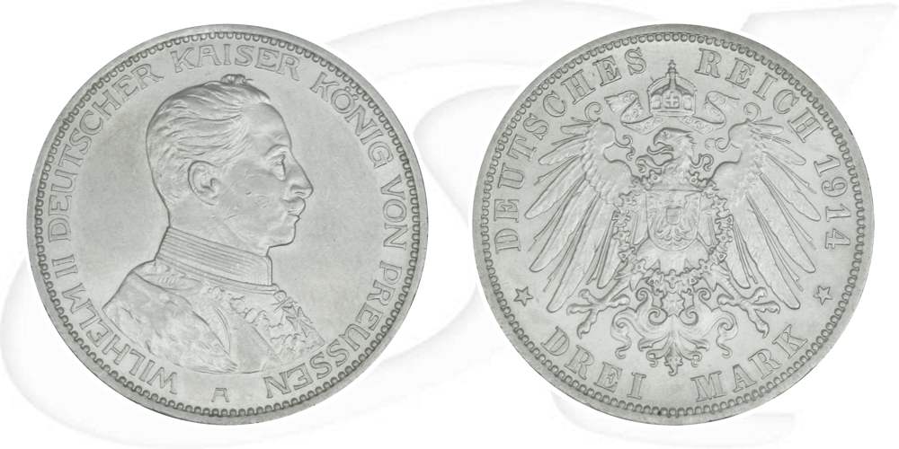 Deutschland Preussen 3 Mark 1914 vz-st Wilhelm II. Uniform