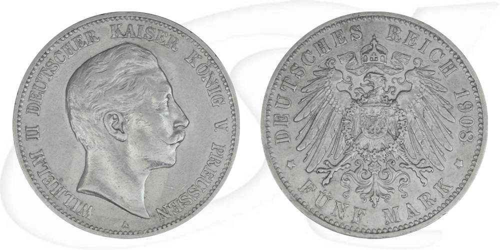 Deutschland Preussen 5 Mark 1908 ss-vz Wilhelm II.