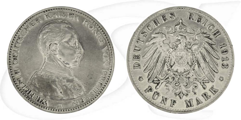 Deutschland Preussen 5 Mark 1913 s-ss Wilhelm II. in Uniform