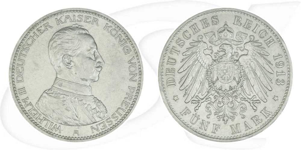 Deutschland Preussen 5 Mark 1913 ss-vz Wilhelm II. in Uniform