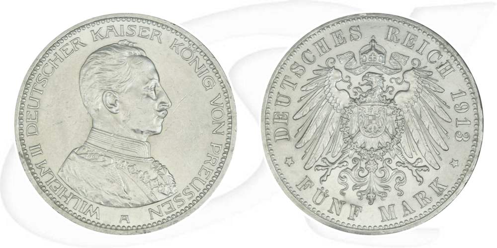 Deutschland Preussen 5 Mark 1913 vz Wilhelm II. in Uniform