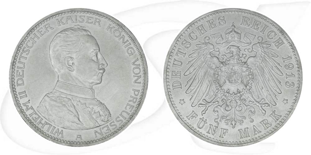 Deutschland Preussen 5 Mark 1913 vz-st Wilhelm II. in Uniform