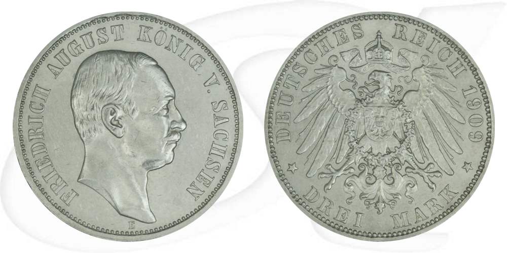 Deutschland Sachsen 3 Mark 1909 ss-vz Friedrich August