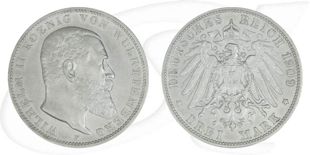 Deutschland Württemberg 3 Mark 1909 ss-vz Wilhelm II.
