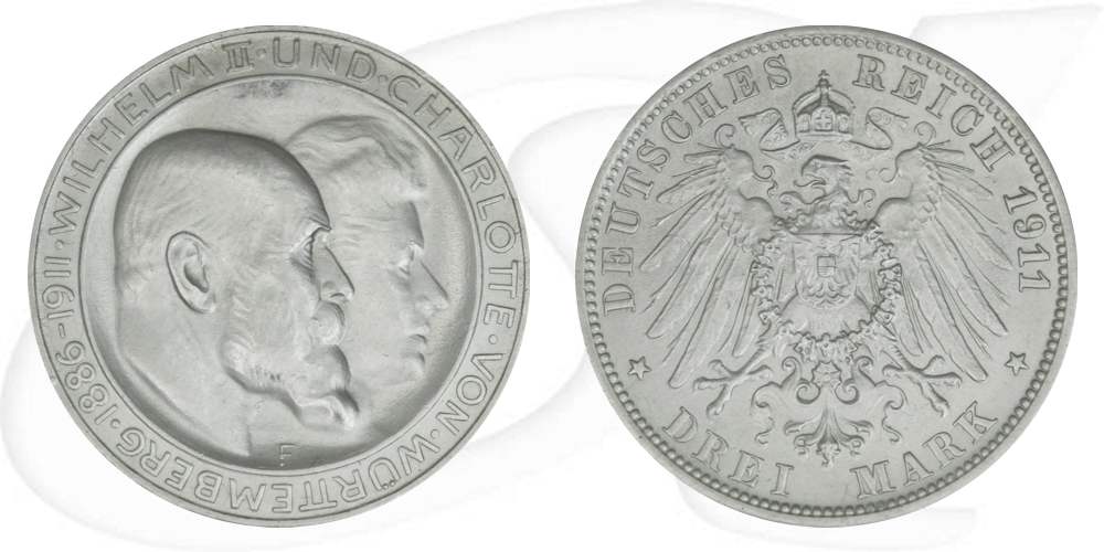 Deutschland Württemberg 3 Mark 1911 st Wilhelm II. Silberhochzeit