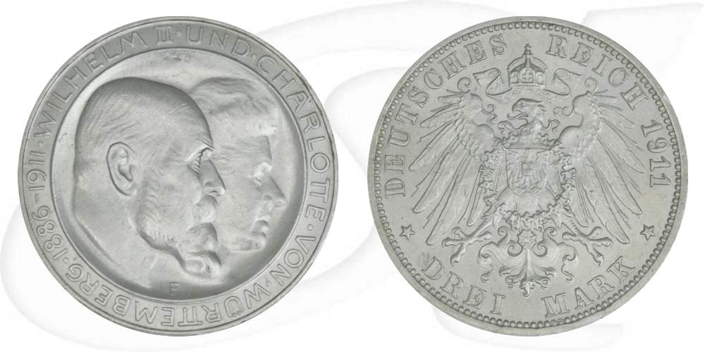 Deutschland Württemberg 3 Mark 1911 vz-st Wilhelm II. Silberhochzeit