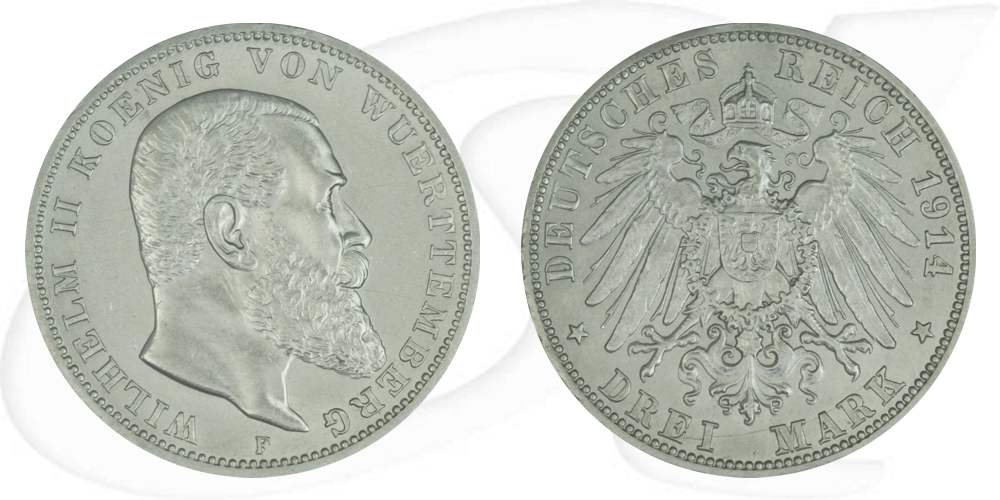 Deutschland Württemberg 3 Mark 1914 ss-vz ber. Wilhelm II.