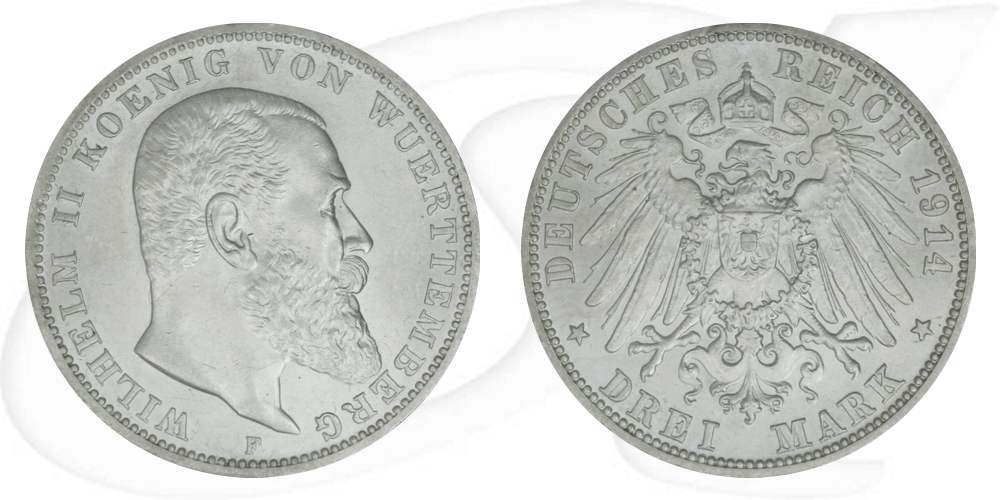 Deutschland Württemberg 3 Mark 1914 vz Wilhelm II.