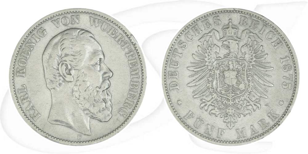 Deutschland Württemberg 5 Mark 1875 ss RF Karl