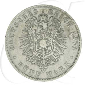Deutschland Württemberg 5 Mark 1876 fast ss kl. RF Karl