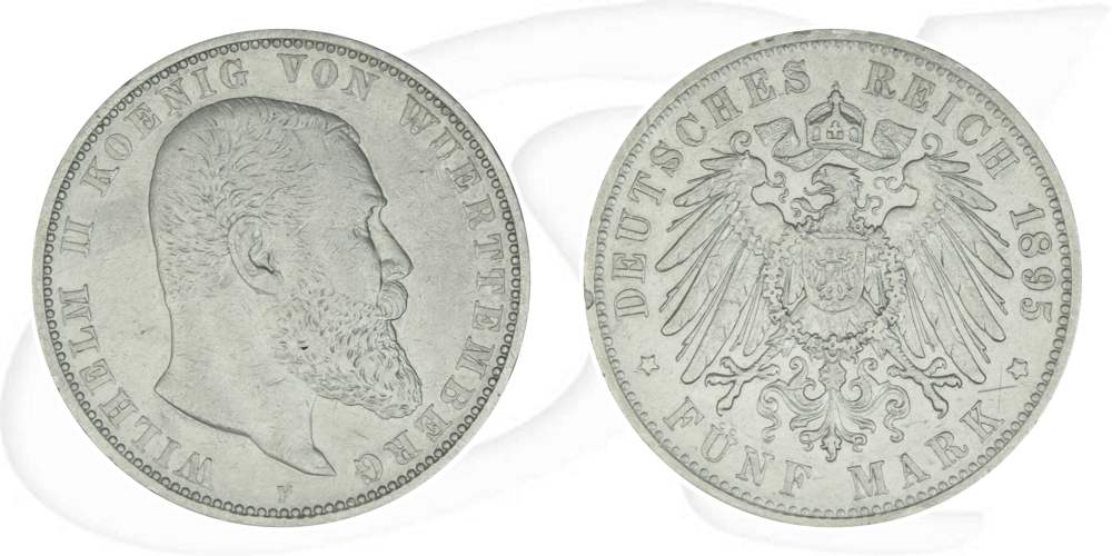 Deutschland Württemberg 5 Mark 1895 ss Wilhelm II.
