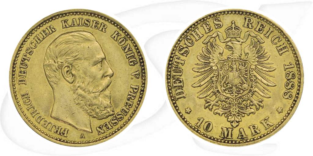 Deutschland Preussen 10 Mark Gold 1888 ss Friedrich III. Münze Vorderseite und Rückseite zusammen
