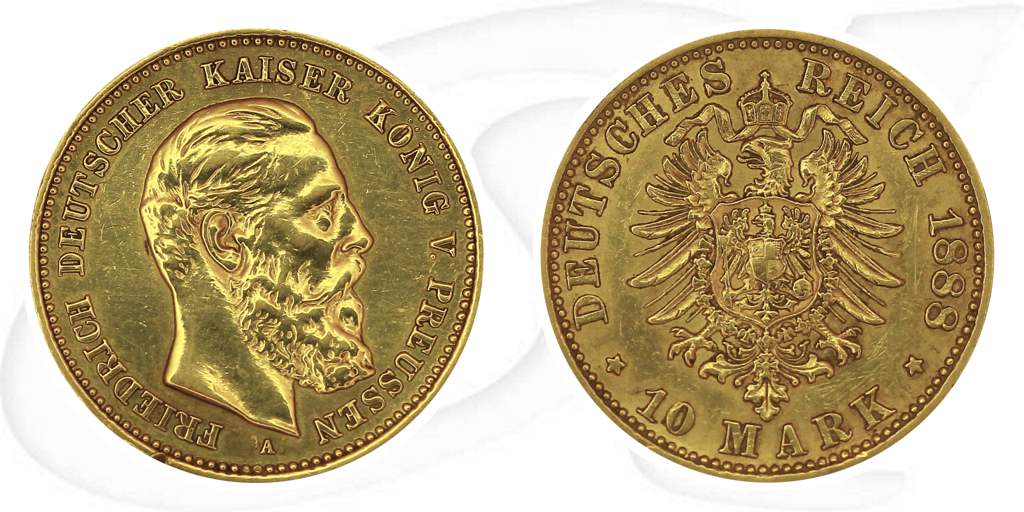 Deutschland Preussen 10 Mark Gold 1888 A ss poliert Friedrich III. Münze Vorderseite und Rückseite zusammen