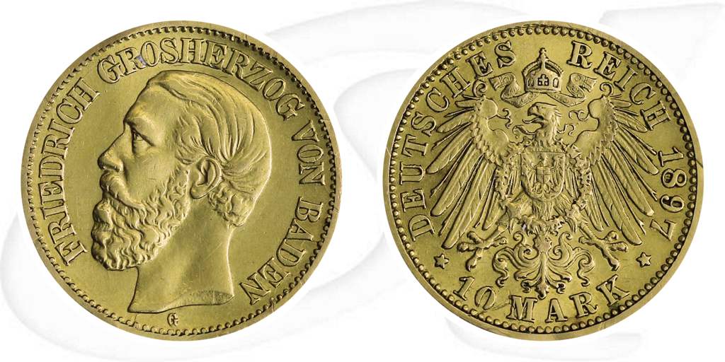 Deutschland Baden 10 Mark Gold 1897 ss wellig Friedrich I. Münze Vorderseite und Rückseite zusammen