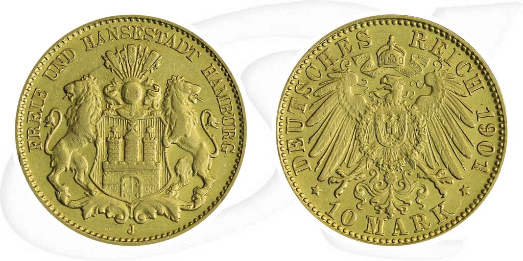 Deutschland Hamburg 10 Mark Gold 1901 ss-vz Wappen Münze Vorderseite und Rückseite zusammen
