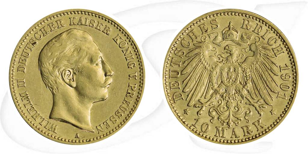 Deutschland Preussen 10 Mark Gold 1901 vz Wilhelm II. Münze Vorderseite und Rückseite zusammen