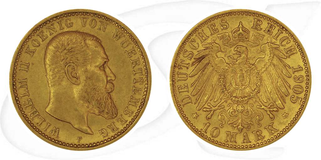 Deutschland Württemberg 10 Mark Gold 1905 F ss-vz Wilhelm II. Münze Vorderseite und Rückseite zusammen