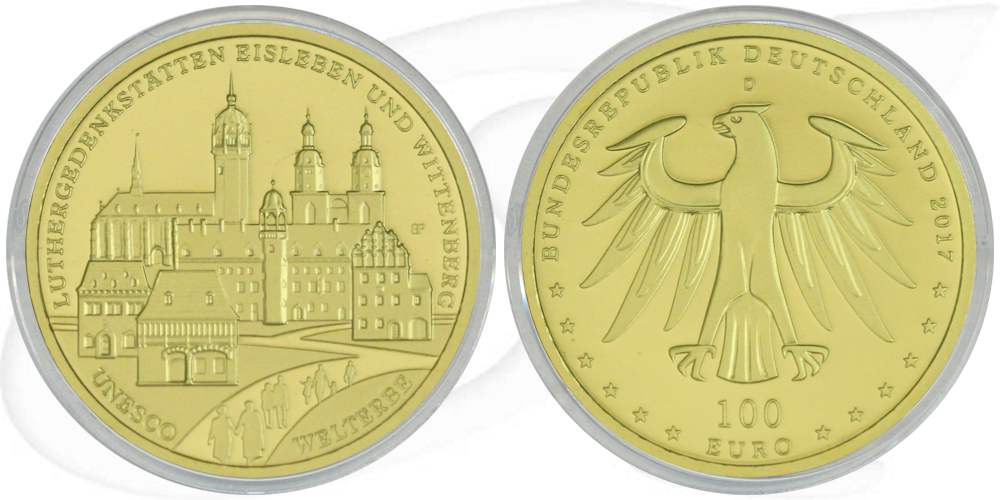 BRD 100 Euro Luthergedenkstätten Eisleben und Wittenberg 2017 D OVP Gold Münze Vorderseite und Rückseite zusammen
