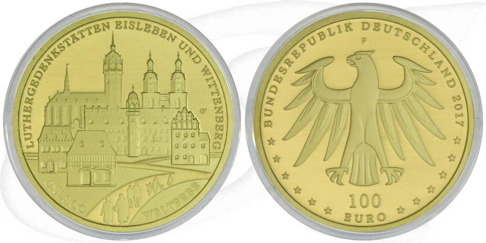 BRD 100 Euro Luthergedenkstätten Eisleben und Wittenberg 2017 F OVP Gold Münze Vorderseite und Rückseite zusammen