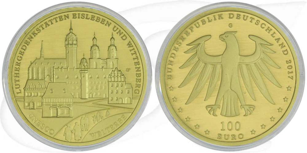 BRD 100 Euro Luthergedenkstätten Eisleben und Wittenberg 2017 G OVP Gold Münze Vorderseite und Rückseite zusammen