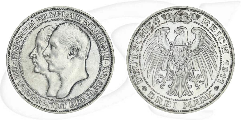 Deutschland 1911 Breslau Uni 3 Mark Münze Vorderseite und Rückseite zusammen