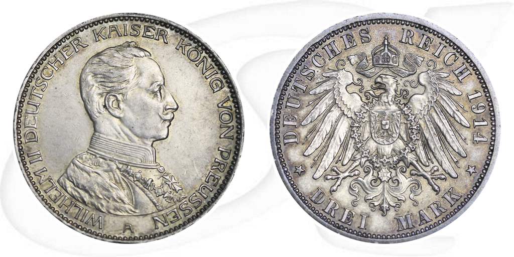 Deutschland 1914 3 Mark Preussen Uniform Münze Vorderseite und Rückseite zusammen