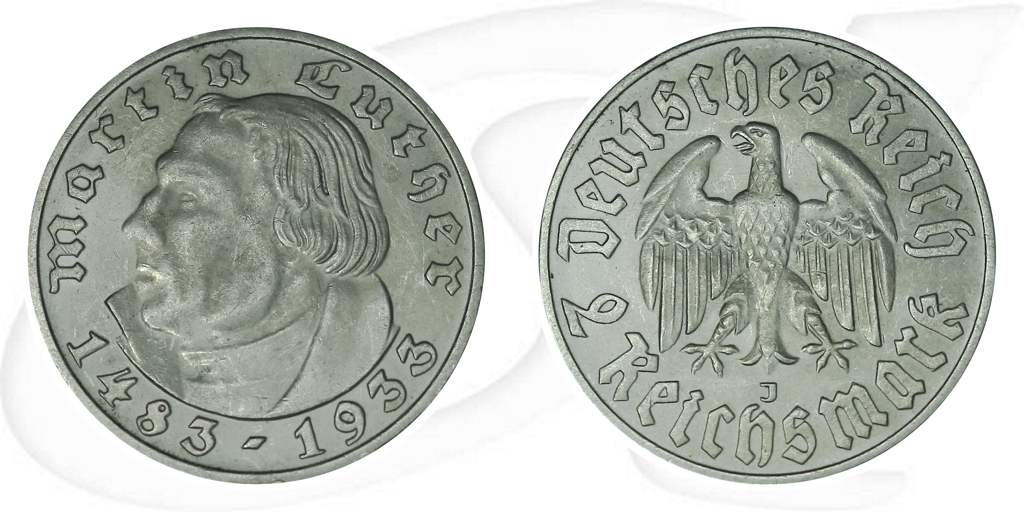 Deutschland Drittes Reich 2 RM 1933 J vz-st 450. Geburtstag Martin Luther Münze Vorderseite und Rückseite zusammen