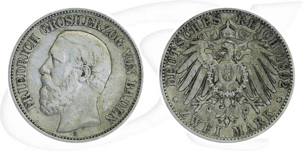 Deutschland Baden 2 Mark 1892 ss Friedrich I. Münze Vorderseite und Rückseite zusammen