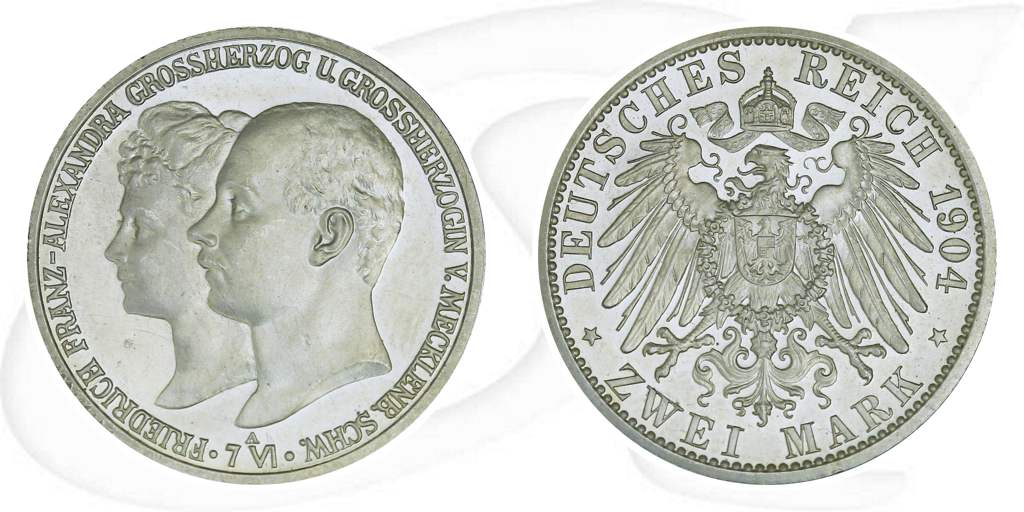 Deutschland Mecklenburg-Schwerin 2 Mark 1904 vz-st Hochzeit Münze Vorderseite und Rückseite zusammen