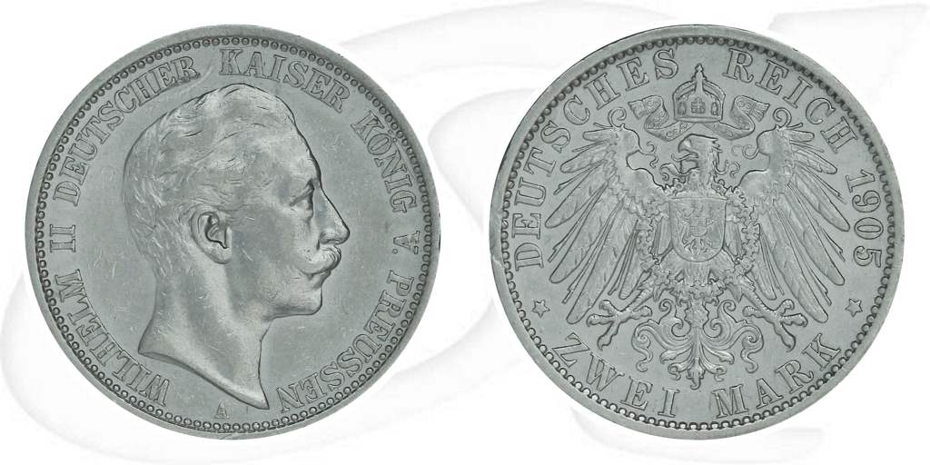 Deutschland Preussen 2 Mark 1905 ss Wilhelm II. Münze Vorderseite und Rückseite zusammen