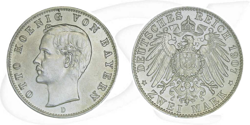 Deutschland Bayern 2 Mark 1907 vz+ Otto Münze Vorderseite und Rückseite zusammen