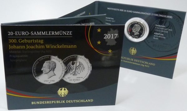 BRD 20 Euro Silber 2017 F PP (Spiegelglanz) OVP Johann Joachim Winckelmann im Originalfolder