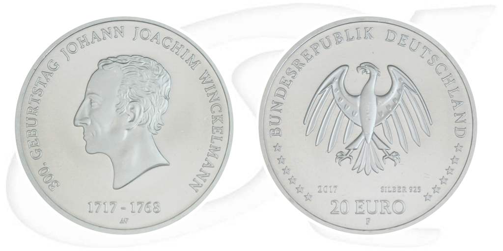 BRD 20 Euro Silber 2017 F st/prägefrisch Johann Joachim Winckelmann Münze Vorderseite und Rückseite zusammen