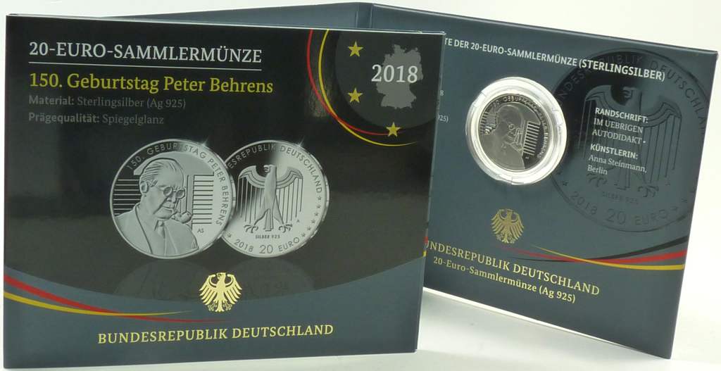 Deutschland 20 Euro 2018 A PP 150. Geburtstag Peter Behrens Blister