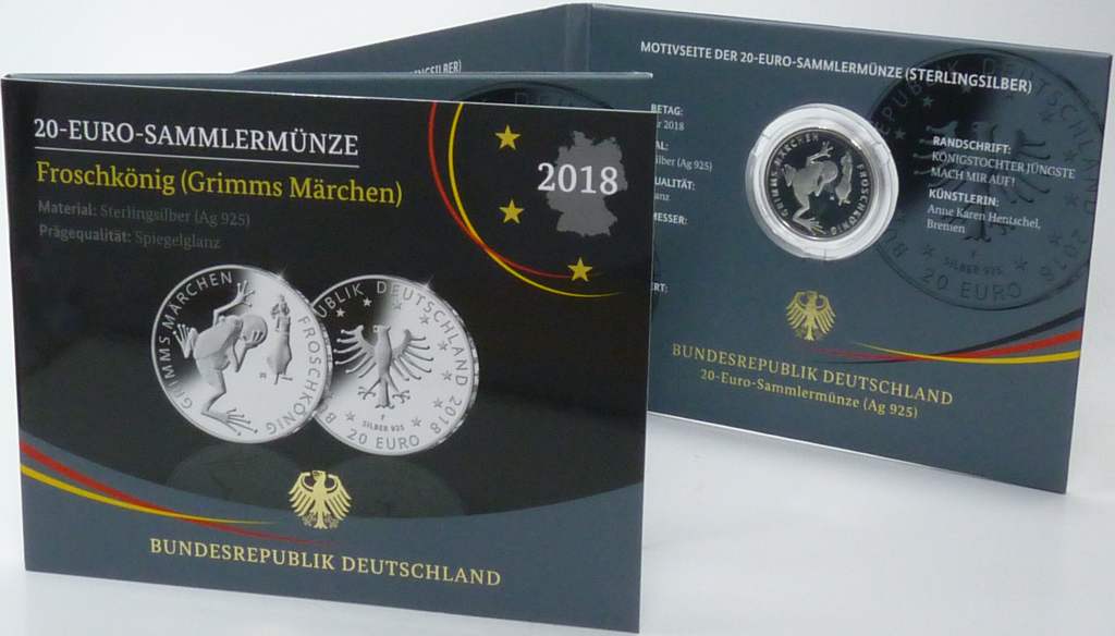 BRD 20 Euro Silber 2018 F PP (Spiegelglanz) OVP Froschkönig Folder