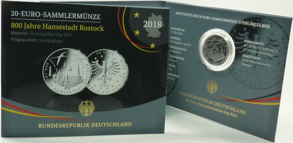 Deutschland 20 Euro 2018 J PP/Spiegelglanz 800 Jahre Rostock Folder