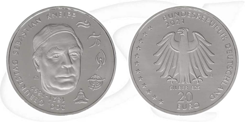 Deutschland 20 Euro Sebastian Kneipp 2021 Münze Vorderseite und Rückseite zusammen