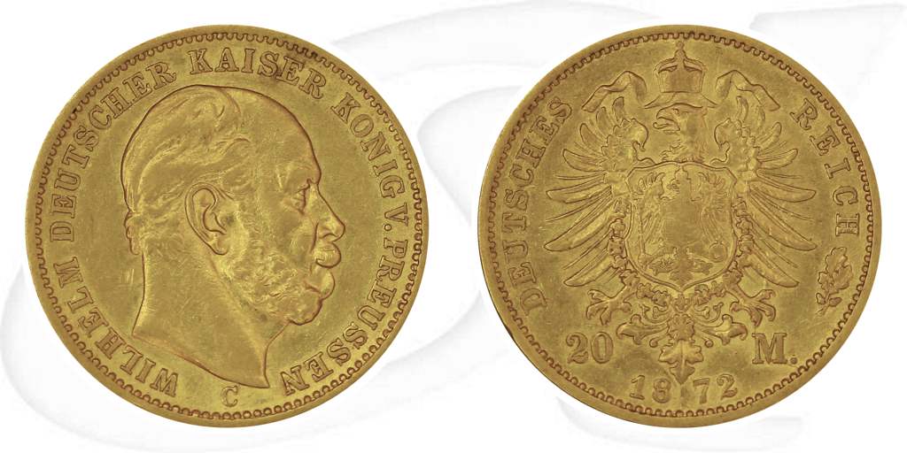 Deutschland Preussen 20 Mark Gold 1872 C ss Wilhelm I. Münze Vorderseite und Rückseite zusammen