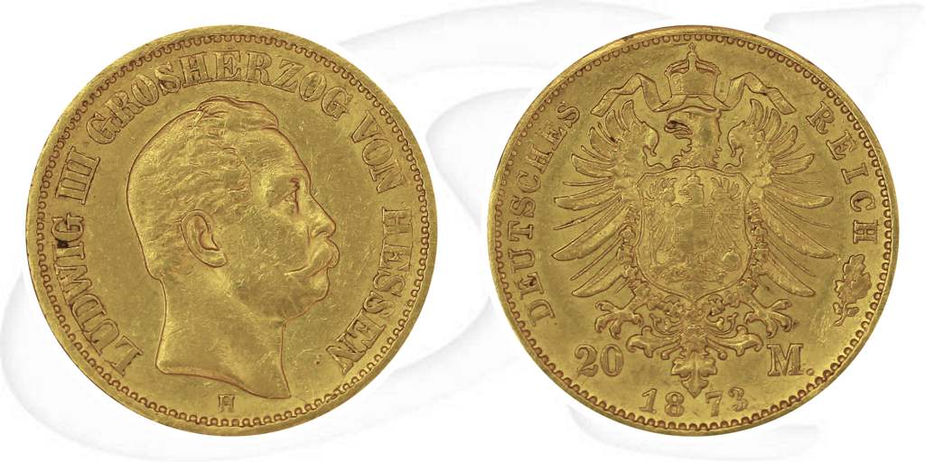 Deutschland Hessen 20 Mark Gold 1873 H ss Ludwig III. Münze Vorderseite und Rückseite zusammen