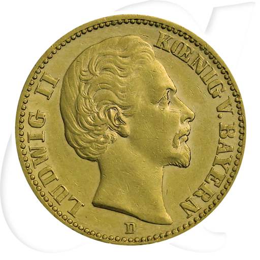 Deutschland Bayern 20 Mark Gold 1874 gutes ss Ludwig II. Münzen-Bildseite