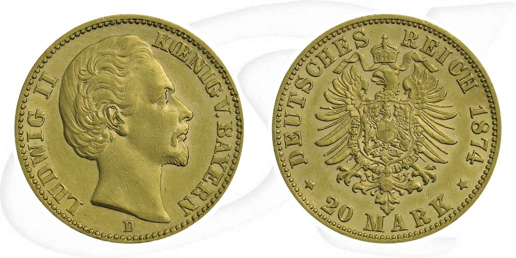 Deutschland Bayern 20 Mark Gold 1874 gutes ss Ludwig II. Münze Vorderseite und Rückseite zusammen