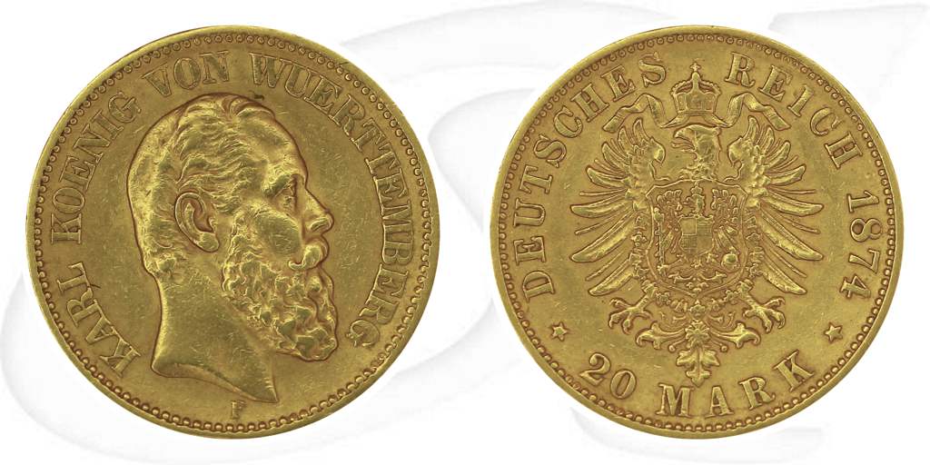 Deutschland Württemberg 20 Mark Gold 1874 F ss Karl Münze Vorderseite und Rückseite zusammen