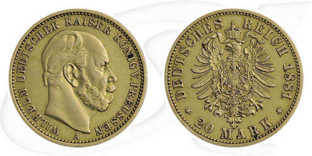 Deutschland Preussen 20 Mark Gold 1881 A ss Wilhelm I. Münze Vorderseite und Rückseite zusammen