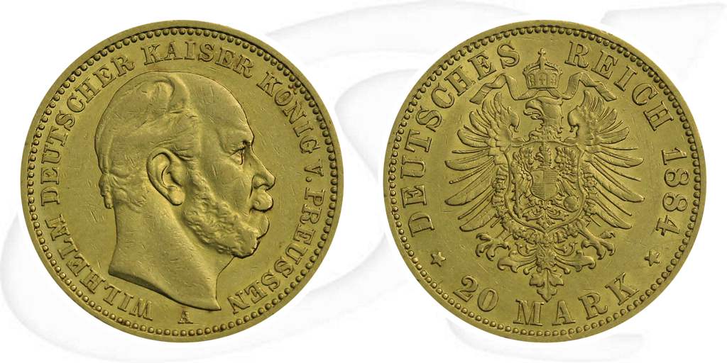Deutschland Preussen 20 Mark Gold 1884 A ss-vz Wilhelm I. Münze Vorderseite und Rückseite zusammen