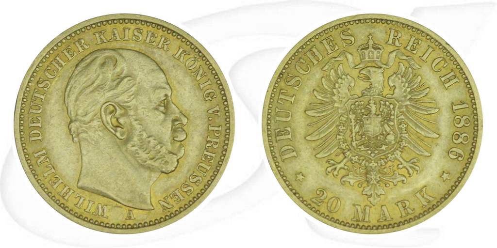 Deutschland 20 Mark Gold 1886 A ss-vz Preussen Wilhelm I. Münze Vorderseite und Rückseite zusammen